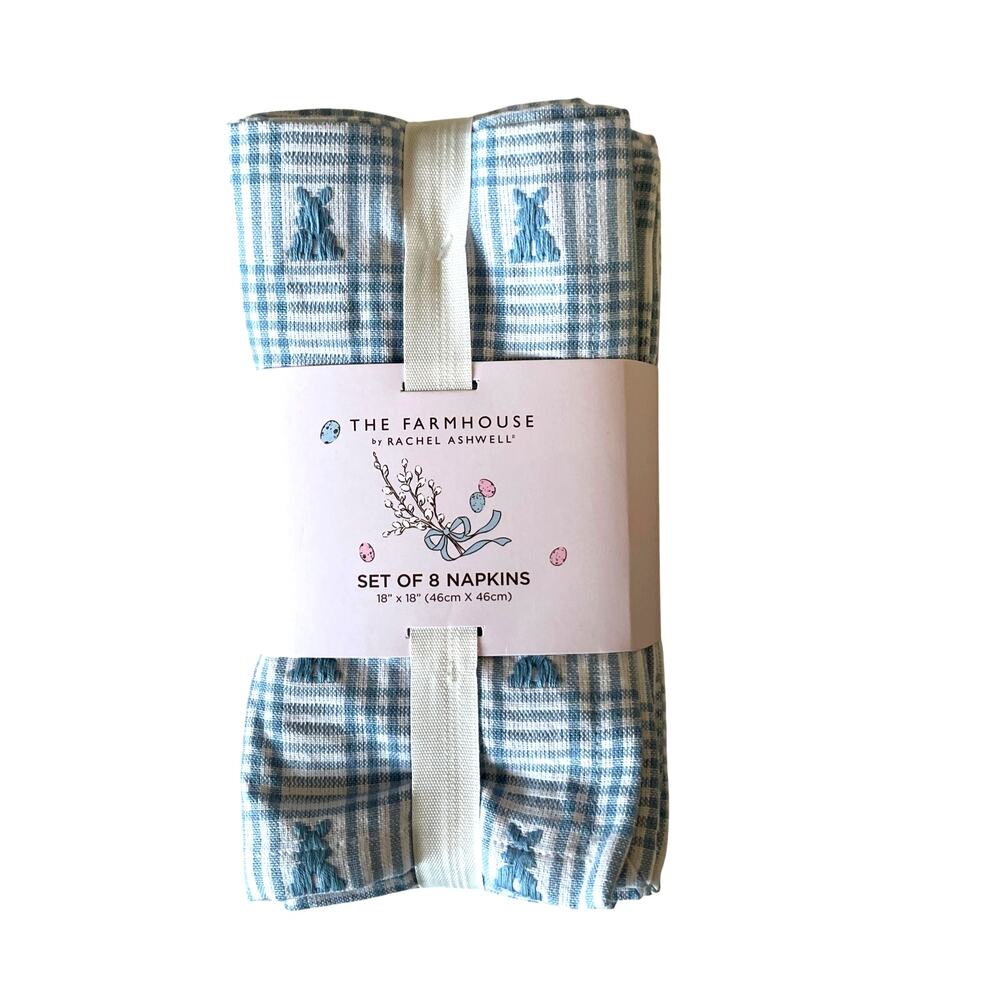 8pk Rachel Ashwell Embroidered Easter Bunny Napkins Blue & White Gingham Cotton